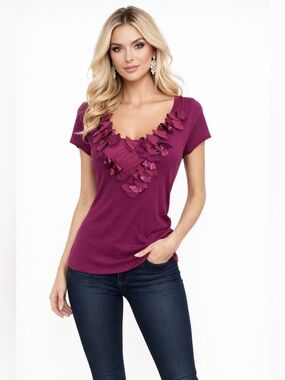 ELLE Ruffle Neck Top Women’s Medium Magenta Short Sleeve Stretch Casual